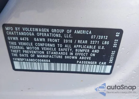 2013 Volkswagen Passat 2.5L Se из США, поврежденный, VIN 1VWBP7A38DC006684